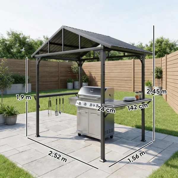 Grillpaviljoen 2,52 X 1,56 M, Waterdicht Grill Paviljoen Met Zadeldak Zijtafel Haken Stalen Frame Zwart