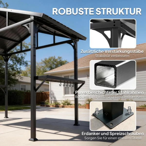 Grillpaviljoen 2,52 X 1,56 M, Waterdicht Grill Paviljoen Met Zadeldak Zijtafel Haken Stalen Frame Zwart