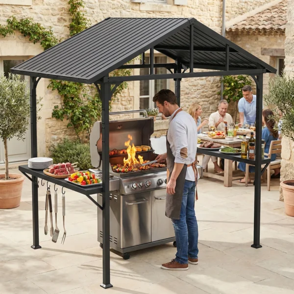 Grillpaviljoen 2,52 X 1,56 M, Waterdicht Grill Paviljoen Met Zadeldak Zijtafel Haken Stalen Frame Zwart