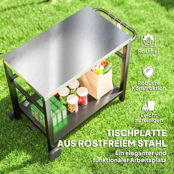 Grillwagen Met 2 Verdiepingen, Serveerwagen Met Werkblad, Planken, Haken, Wielen, Roestvrij Staal, 102 X 56 X 81cm