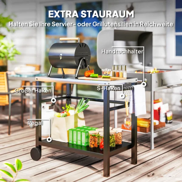 Grillwagen Met 2 Verdiepingen, Serveerwagen Met Werkblad, Planken, Haken, Wielen, Roestvrij Staal, 102 X 56 X 81cm