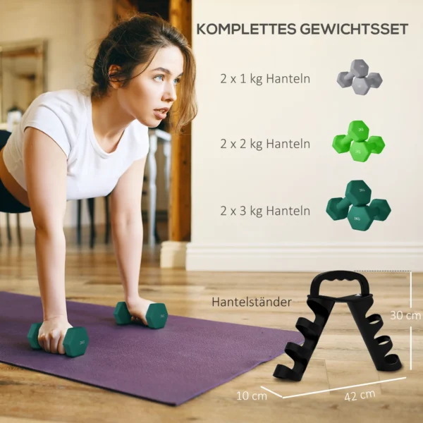 Halterset Met Opbergrek, Set Van 6 Halters Voor Fitness Training, 2 X 1kg, 2 X 2kg, 2 X 3kg