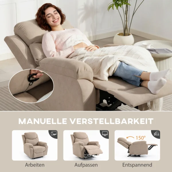 Handmatige Relaxstoel, Moderne Stoel In Linnenstof Look Met Dikke Bekleding, Gepolsterde Armleuningen En Voetensteun, Beige