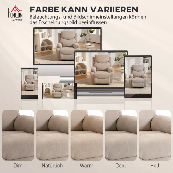 Handmatige Relaxstoel, Moderne Stoel In Linnenstof Look Met Dikke Bekleding, Gepolsterde Armleuningen En Voetensteun, Beige