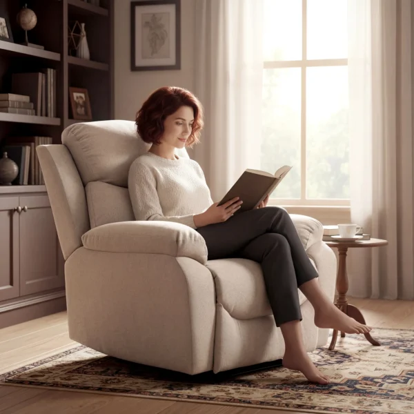 Handmatige Relaxstoel, Moderne Stoel In Linnenstof Look Met Dikke Bekleding, Gepolsterde Armleuningen En Voetensteun, Beige