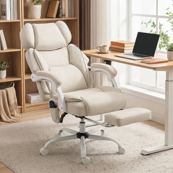 Hochlehner kantoorstoel Met Vibratiemassage En Verwarming, Ergonomisch, Kantelbaar, Met Voetensteun, Crèmewit