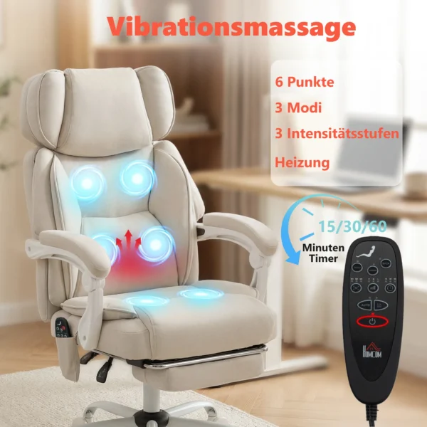Hochlehner kantoorstoel Met Vibratiemassage En Verwarming, Ergonomisch, Kantelbaar, Met Voetensteun, Crèmewit