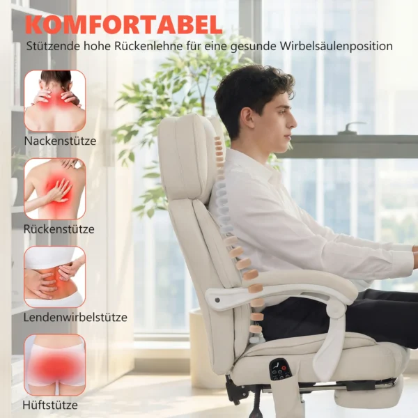 Hochlehner kantoorstoel Met Vibratiemassage En Verwarming, Ergonomisch, Kantelbaar, Met Voetensteun, Crèmewit