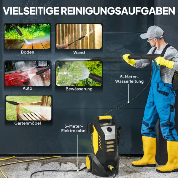 Hogedrukreiniger Met Aluminium Pomp 135 Bar Maximale Druk 1800W Vermogen 540 L/u 5m Slang Verstelbare Sproeier & Handvatten