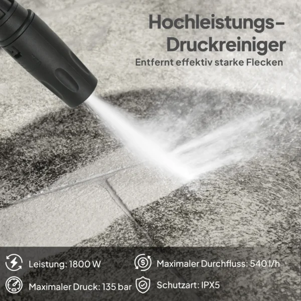 Hogedrukreiniger Met Aluminium Pomp 135 Bar Maximale Druk 1800W Vermogen 540 L/u 5m Slang Verstelbare Sproeier & Handvatten