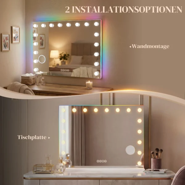 Hollywood Make up Spiegel Met 18 Dimbare LED lampen, 3 Kleuren, RGB licht, Bluetooth luidspreker, 10x Vergroting Wit
