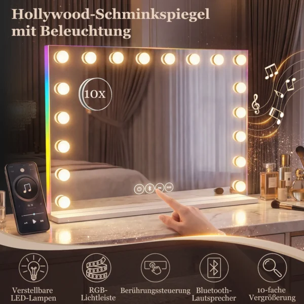 Hollywood Make up Spiegel Met 18 Dimbare LED lampen, 3 Kleuren, RGB licht, Bluetooth luidspreker, 10x Vergroting Wit