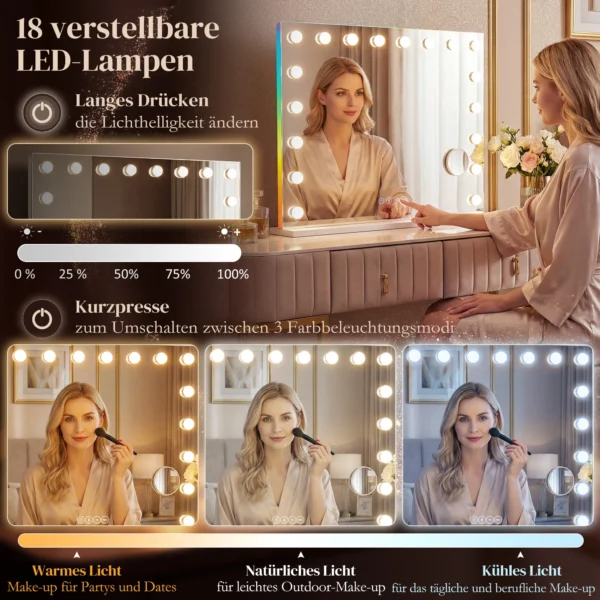 Hollywood Make up Spiegel Met 18 Dimbare LED lampen, 3 Kleuren, RGB licht, Bluetooth luidspreker, 10x Vergroting Wit