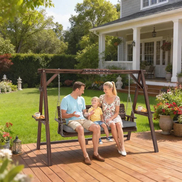 Hollywoodschommel, 3 zits Tuinschommel Van Hout, Houten Schommel Met Zitkussen En Planken Tot 330kg Verkoold