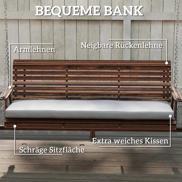 Hollywoodschommel, 3 zits Tuinschommel Van Hout, Houten Schommel Met Zitkussen En Planken Tot 330kg Verkoold