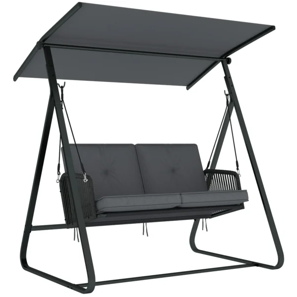 Hollywoodschommel Rattan 2 zits Tuinschommel Met Verstelbaar Zonnedak Zachte Kussen A frame