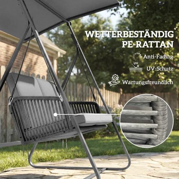 Hollywoodschommel Rattan 2 zits Tuinschommel Met Verstelbaar Zonnedak Zachte Kussen A frame