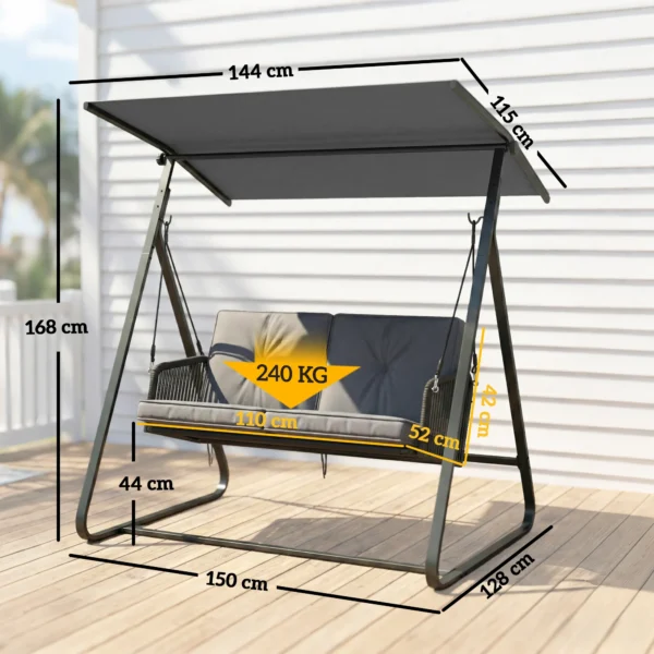 Hollywoodschommel Rattan 2 zits Tuinschommel Met Verstelbaar Zonnedak Zachte Kussen A frame