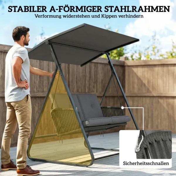 Hollywoodschommel Rattan 2 zits Tuinschommel Met Verstelbaar Zonnedak Zachte Kussen A frame