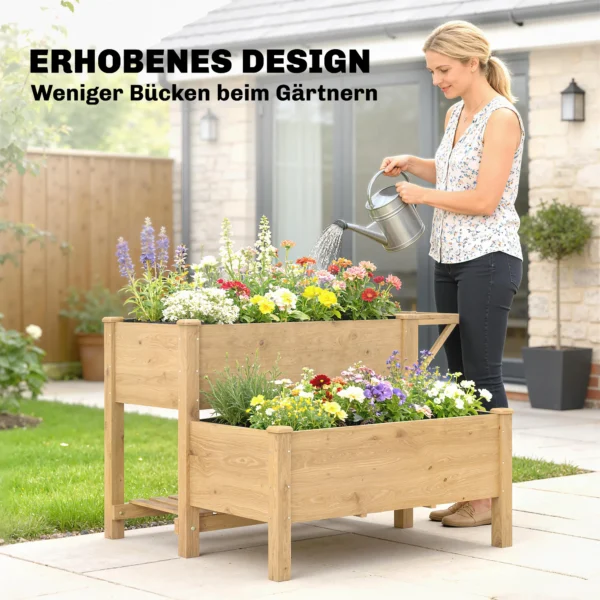 Hoogbed 2 traps Verhoogde Plantenbak Met Vliesstof Afvoergat, Hout 119,5 X 102 X 76,5 Cm Lichtbruin