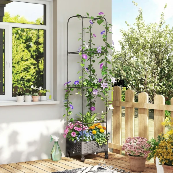 Hoogbed Met Klimrek Mobiele Bloembak Met Rol Afvoergat, Plantenbak 40 X 40 X 185 Cm