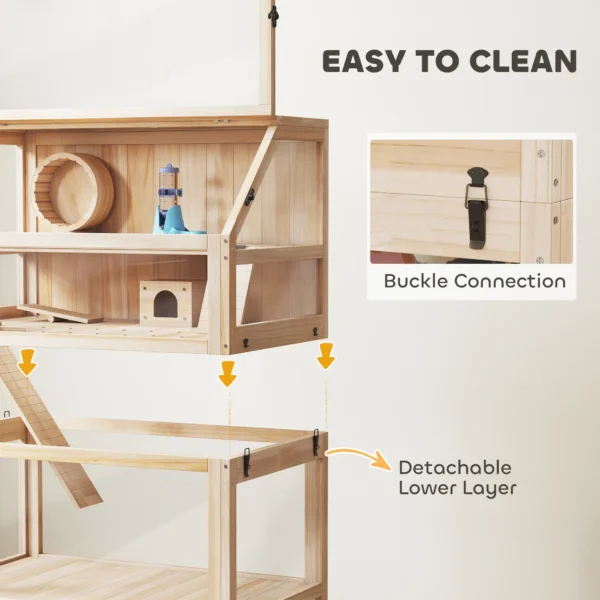 Houten Hamsterkooi Met 3 Verdiepingen, Knaagdierkooi Met Afneembare Bodem, Opbergplank, Loopwiel, Wip, Helling, Hut 80x53x117cm Natuurhout