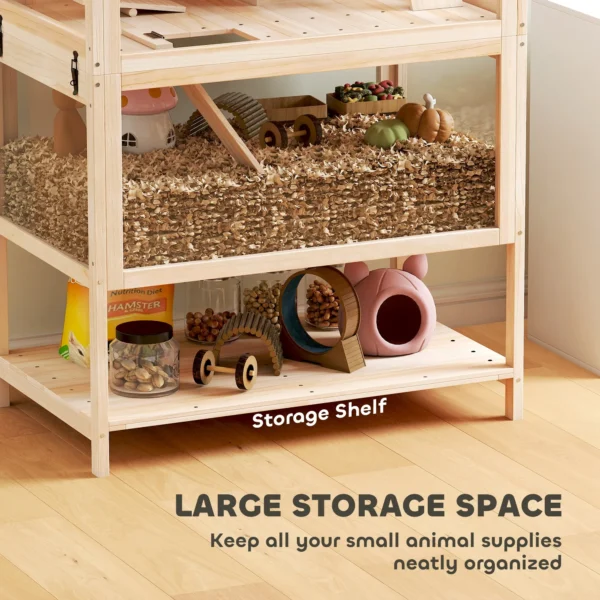 Houten Hamsterkooi Met 3 Verdiepingen, Knaagdierkooi Met Afneembare Bodem, Opbergplank, Loopwiel, Wip, Helling, Hut 80x53x117cm Natuurhout