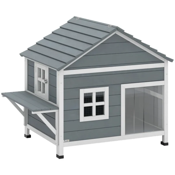 Houten Kattenhuis Met 2 Verdiepingen, Kattengrot Met Waterdicht Opklapbaar Dak, Zijplatform, 101x72,5x81cm, Grijs