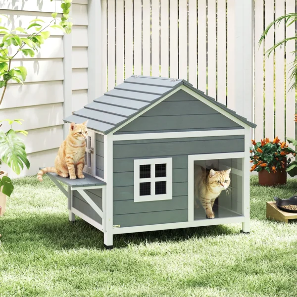 Houten Kattenhuis Met 2 Verdiepingen, Kattengrot Met Waterdicht Opklapbaar Dak, Zijplatform, 101x72,5x81cm, Grijs