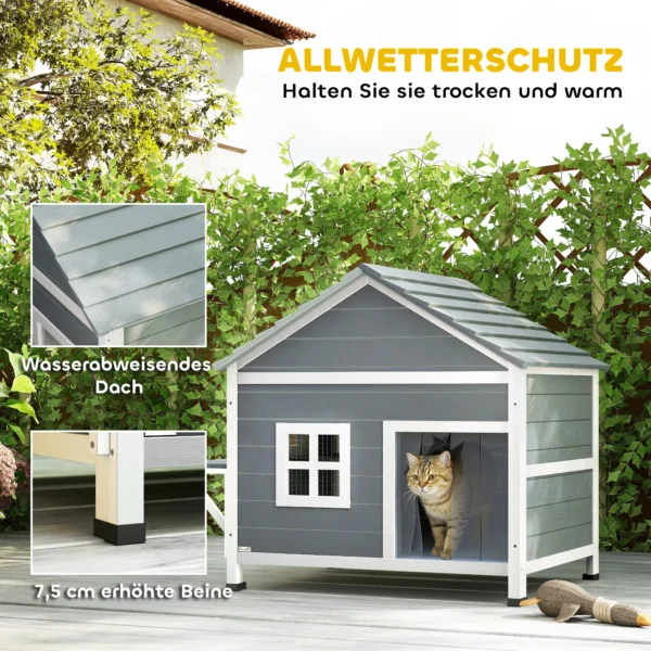 Houten Kattenhuis Met 2 Verdiepingen, Kattengrot Met Waterdicht Opklapbaar Dak, Zijplatform, 101x72,5x81cm, Grijs
