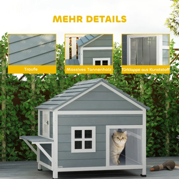 Houten Kattenhuis Met 2 Verdiepingen, Kattengrot Met Waterdicht Opklapbaar Dak, Zijplatform, 101x72,5x81cm, Grijs