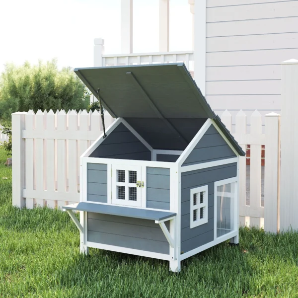 Houten Kattenhuis Met 2 Verdiepingen, Kattengrot Met Waterdicht Opklapbaar Dak, Zijplatform, 101x72,5x81cm, Grijs