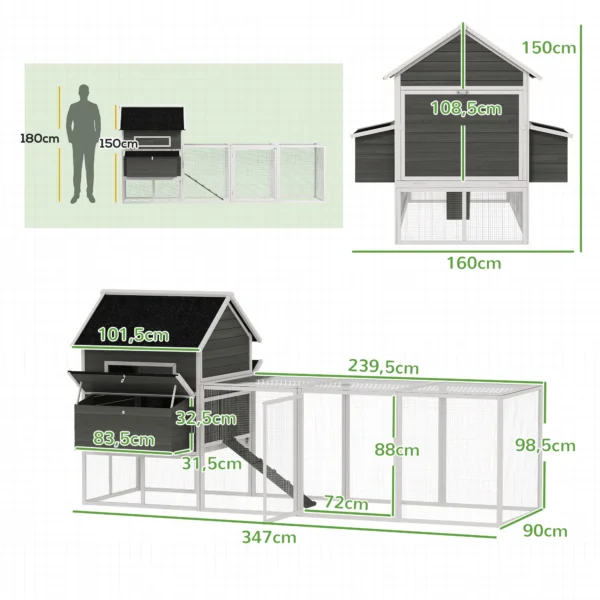 Houten Kippenhok Met Ren, Legnest, Asfaltdak, Uitschuifbaar Dienblad Voor 8 10 Kippen 347x160x150 Cm Donkergrijs