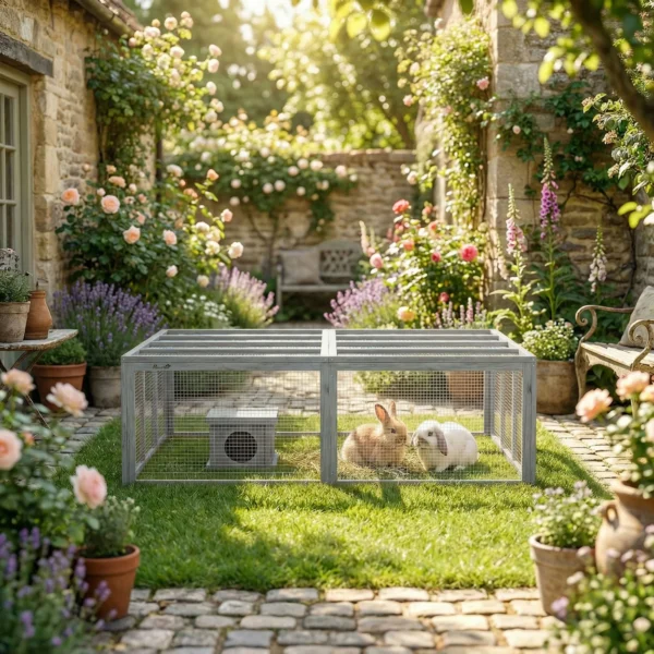 Houten Konijnenhok Met 2 Deuren En Schuilplaats Voor 2 4 Dwergkonijnen 180,4 X 150 X 48 Cm Grijs