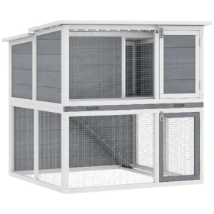 Houten Konijnenhok Met 2 Verdiepingen, Weerbestendig Opklapbaar Dak, Vrije Uitloop, Helling, 98x95x102,5 Cm Grijs