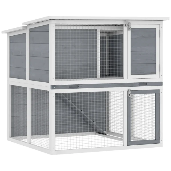 Houten Konijnenhok Met 2 Verdiepingen, Weerbestendig Opklapbaar Dak, Vrije Uitloop, Helling, 98x95x102,5 Cm Grijs