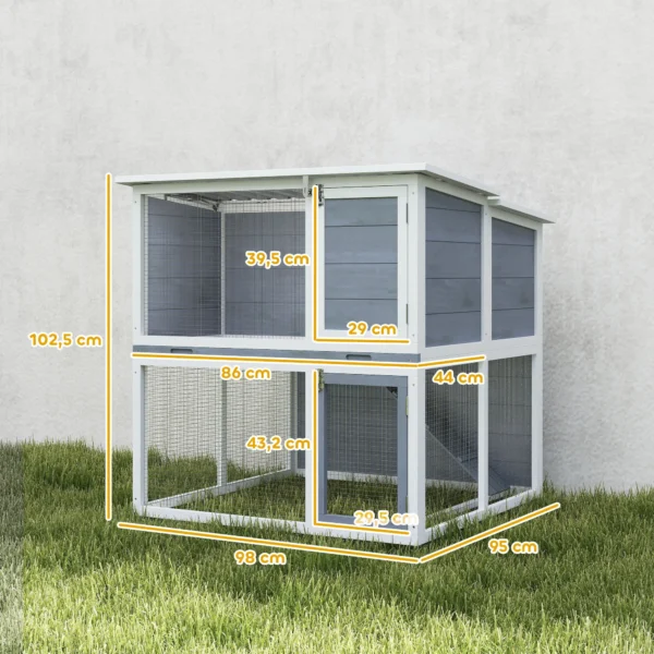 Houten Konijnenhok Met 2 Verdiepingen, Weerbestendig Opklapbaar Dak, Vrije Uitloop, Helling, 98x95x102,5 Cm Grijs