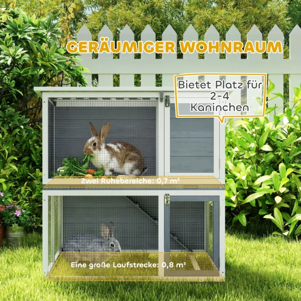 Houten Konijnenhok Met 2 Verdiepingen, Weerbestendig Opklapbaar Dak, Vrije Uitloop, Helling, 98x95x102,5 Cm Grijs