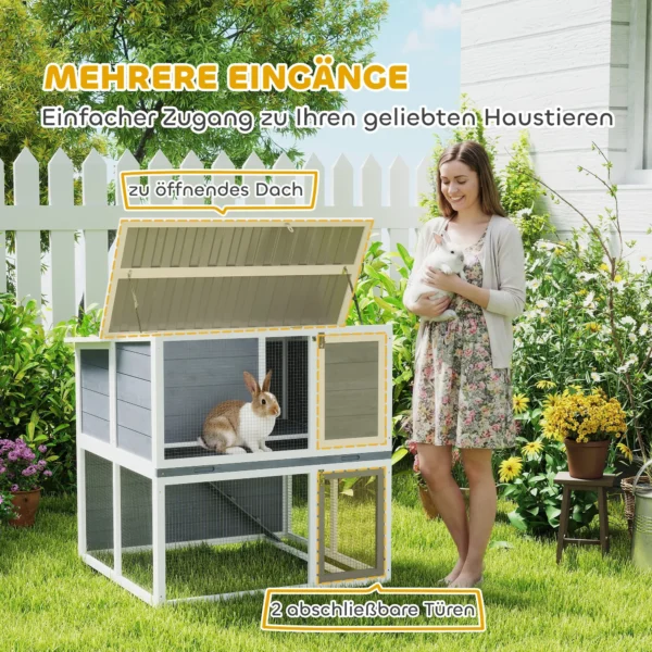 Houten Konijnenhok Met 2 Verdiepingen, Weerbestendig Opklapbaar Dak, Vrije Uitloop, Helling, 98x95x102,5 Cm Grijs