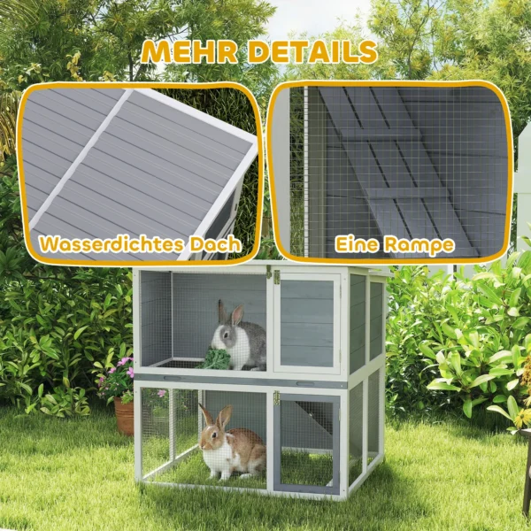 Houten Konijnenhok Met 2 Verdiepingen, Weerbestendig Opklapbaar Dak, Vrije Uitloop, Helling, 98x95x102,5 Cm Grijs