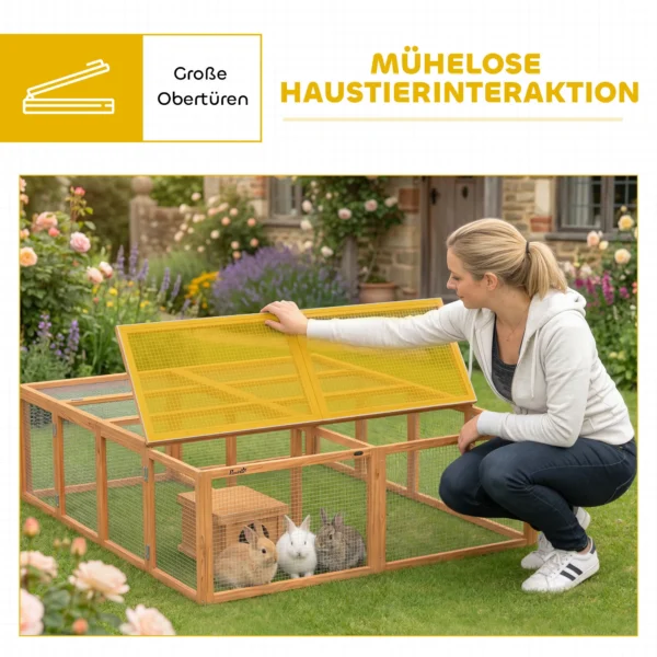 Houten Konijnenhok Met Vrije Uitloop En 2 Deuren, Schuilhuis Voor 2 4 Dwergkonijnen 180,4 X 150 X 48 Cm Oranje