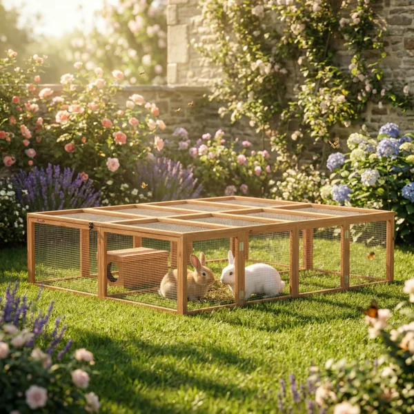 Houten Konijnenhok Met Vrije Uitloop En 2 Deuren, Schuilhuis Voor 2 4 Dwergkonijnen 180,4 X 150 X 48 Cm Oranje