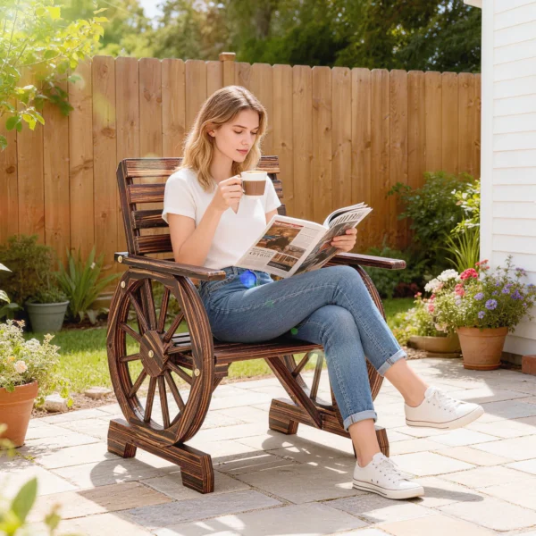Houten Tuinstoel Met Wagenwielontwerp, Verkoold Landhuisstijl Houten Stoel
