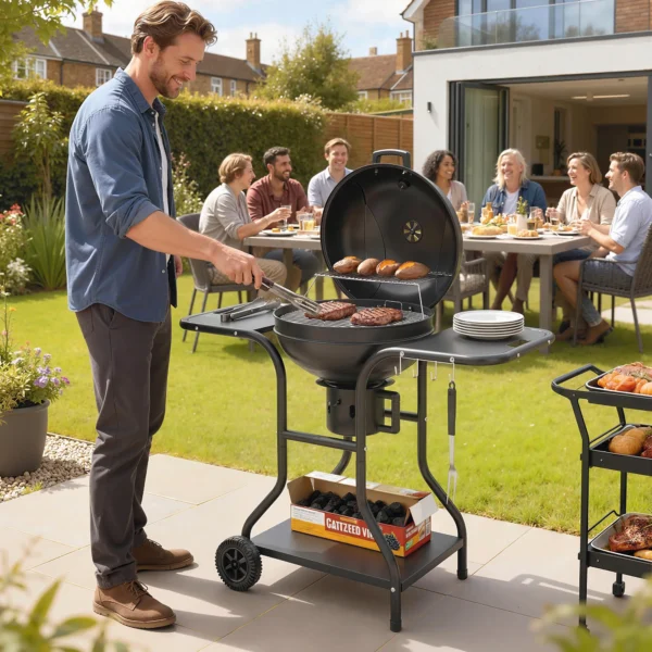 Houtskoolgrill BBQ Smoker Met Zijtafels, Deksel, Thermometer, Wielen 129 X 63,5 X 106,5 Cm