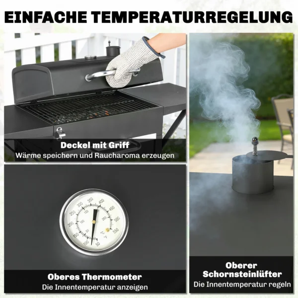 Houtskoolgrill Met Deksel, BBQ Smoker Grill Met 2 Zijtafels Grote Grilloppervlakte Grillrooster Thermometer Wielen