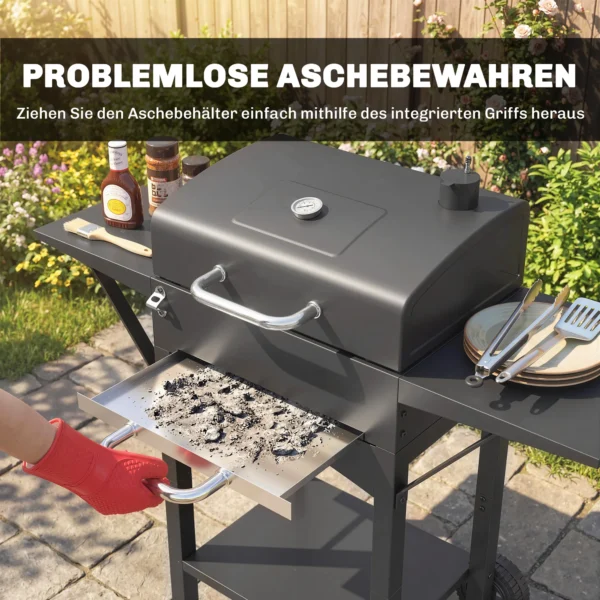 Houtskoolgrill Met Deksel, BBQ Smoker Grill Met 2 Zijtafels Grote Grilloppervlakte Grillrooster Thermometer Wielen