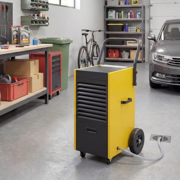 Industriële Luchtontvochtiger 70L/dag Met Wielen En Handvat, Continue Afvoerslang, 24 uurs Timer, 5,5L Tank, Geel