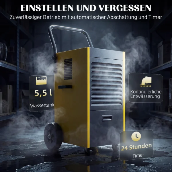 Industriële Luchtontvochtiger 70L/dag Met Wielen En Handvat, Continue Afvoerslang, 24 uurs Timer, 5,5L Tank, Geel