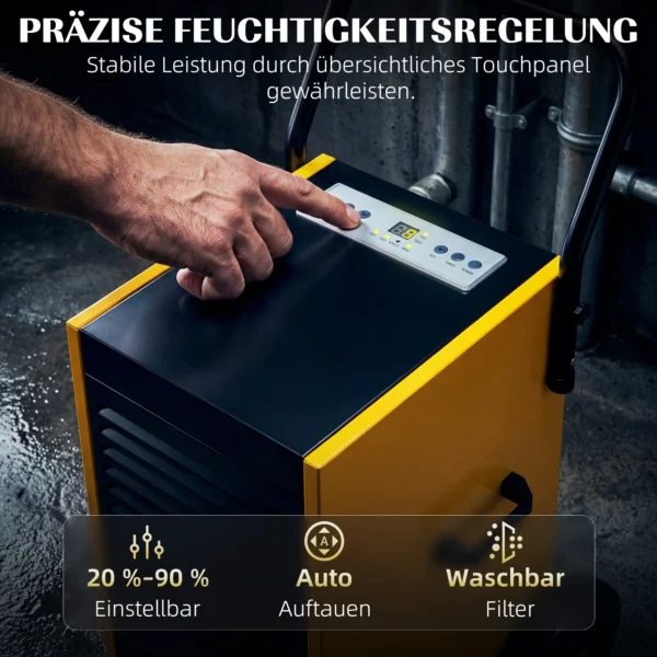 Industriële Luchtontvochtiger 70L/dag Met Wielen En Handvat, Continue Afvoerslang, 24 uurs Timer, 5,5L Tank, Geel