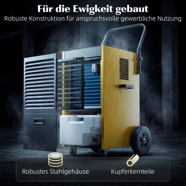 Industriële Luchtontvochtiger 70L/dag Met Wielen En Handvat, Continue Afvoerslang, 24 uurs Timer, 5,5L Tank, Geel